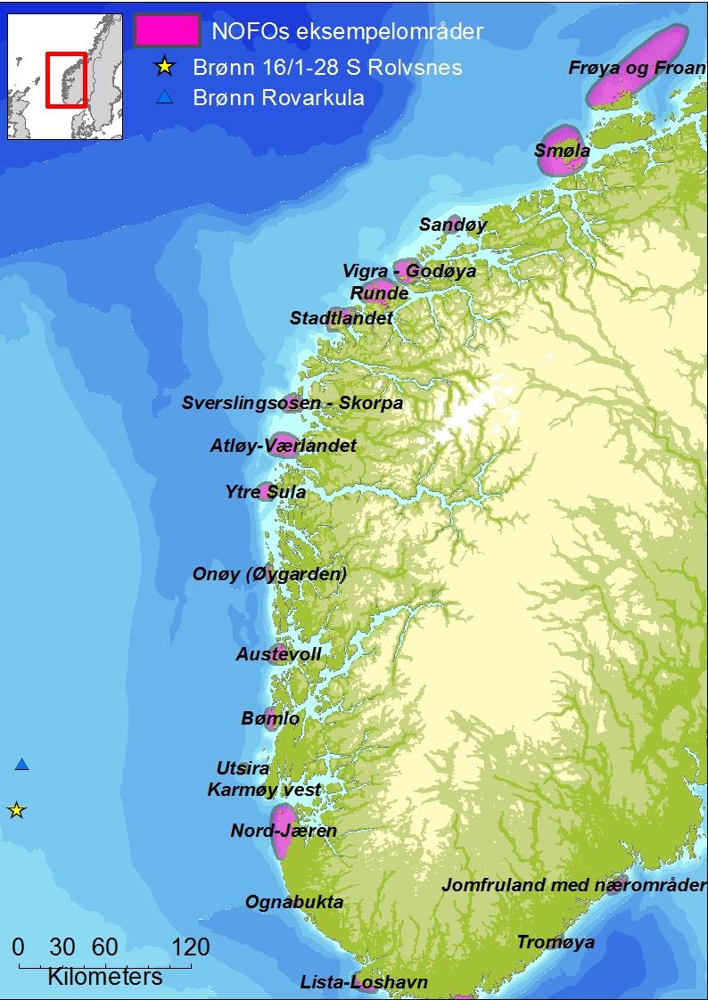 Figur 4 Lokasjon av eksempelområdene langs norskekysten. 2.9 Vurdering av miljørisiko 2.9.1 Utvalgte Verdifulle Økosystem Komponenter (VØK) Tabell 9 viser utvalgte VØK inkludert i analysen for referansebrønn Rovarkula.