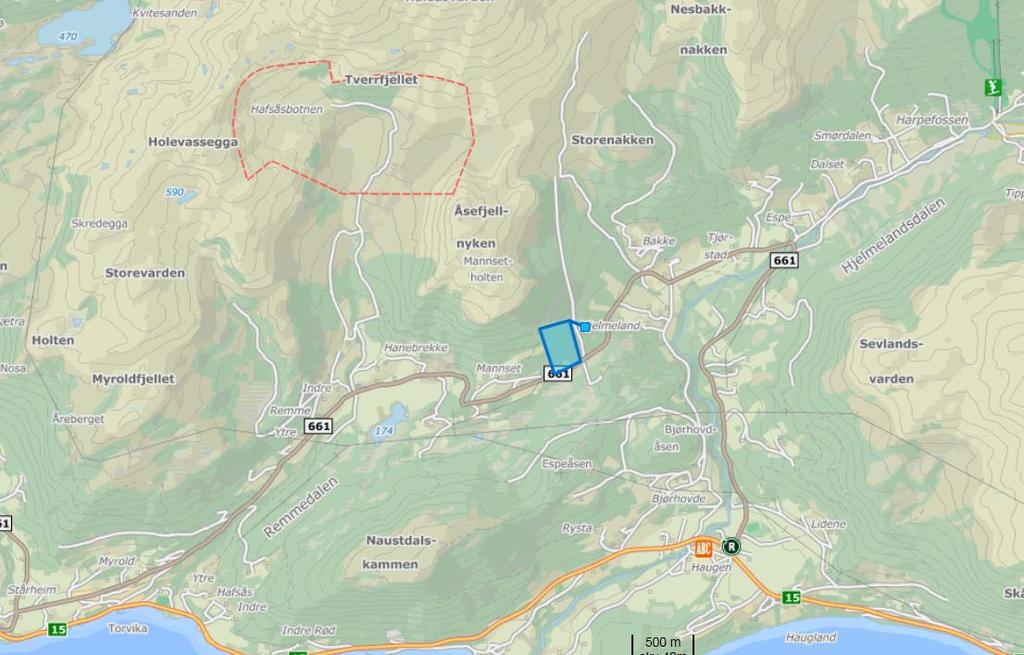 Figur 3 Oversikt over dalføret fra Remmedalen til Hjelmelandsdalen. Tiltaksområdet er markert med blått (kart.finn.no).