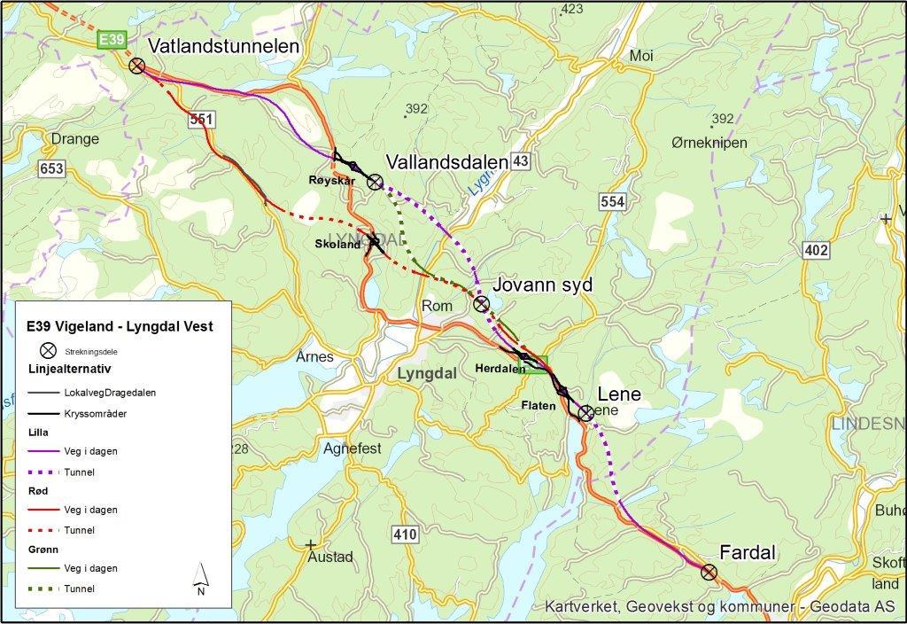 E39 Vigeland Lyngdal vest (Lindesnes og Lyngdal) Korridorer det nå jobbes med Antatt vedtak av vegkorridor: