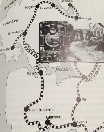 Figur 6 Illustrasjonen til Fossen (1991: 243) viser tiltenkt togtrasé gjennom Lyngbødalen mot Bjørndal.