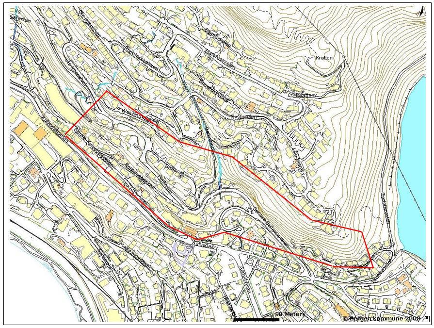 4. OMRÅDEBESKRIVELSE Fig. 1 Figur 1 viser et oversiktskart over delområde 7 Bellevue. Området strekker seg fra Tarlebøveien i sørøst til leilighetskomplekset Gamle Kalvedalsveien 12B i nordvest.