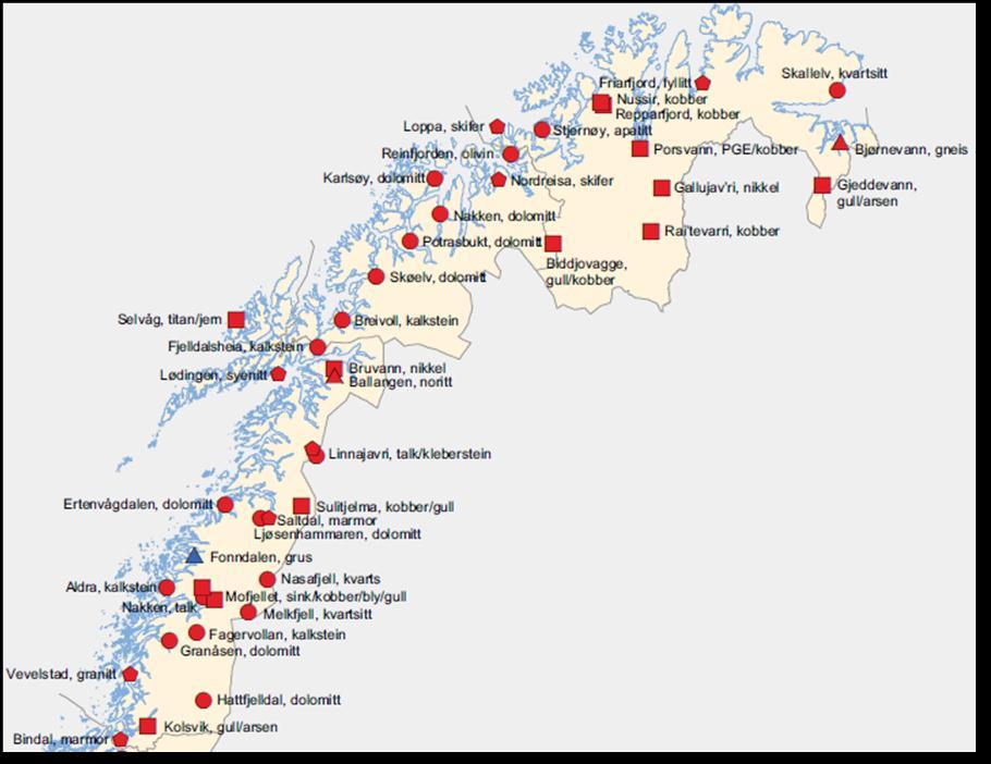 2.3.2 Gruve og bergverksnæringen Transport av malmer og mineraler som er produsert i Norge Mulige framtidige mineralforekomster av nasjonal interesse i Nord-Norge 2010. Kilde: NGU 2010.