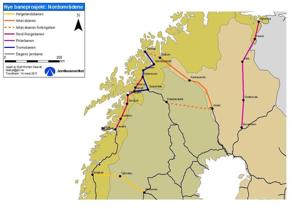 Kart som viser banealternativene: Vurdering av framtidig godstransport på bane I analysen av nytt transportsystem for transportene til og fra Nord-Norge er det er viktig å fokusere på