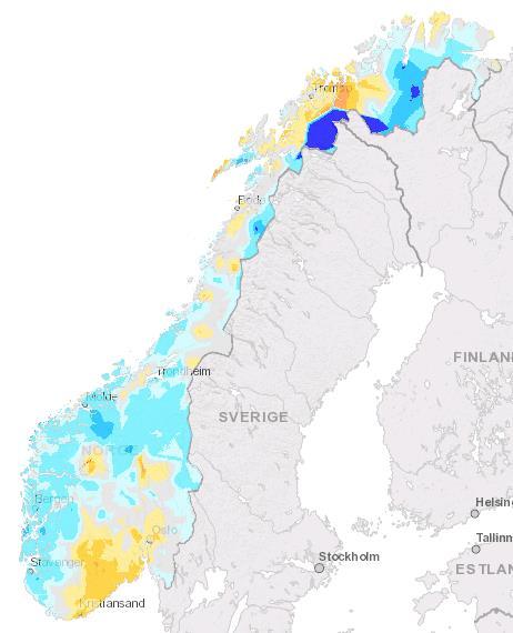 Vær og hydrologi 30 prosent mer nedbør enn normalt i fjerde kvartal Oktober November Desember Kilde: NVE Kartene viser nedbør som prosent av normalen (1971-2000).