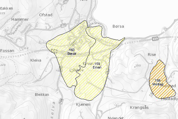 Figur 4-2: Oversikt over kartlagte kvikkleiresoner i Børsa (www.skrednett.no). Utbyggingsområde markert med rød sirkel.