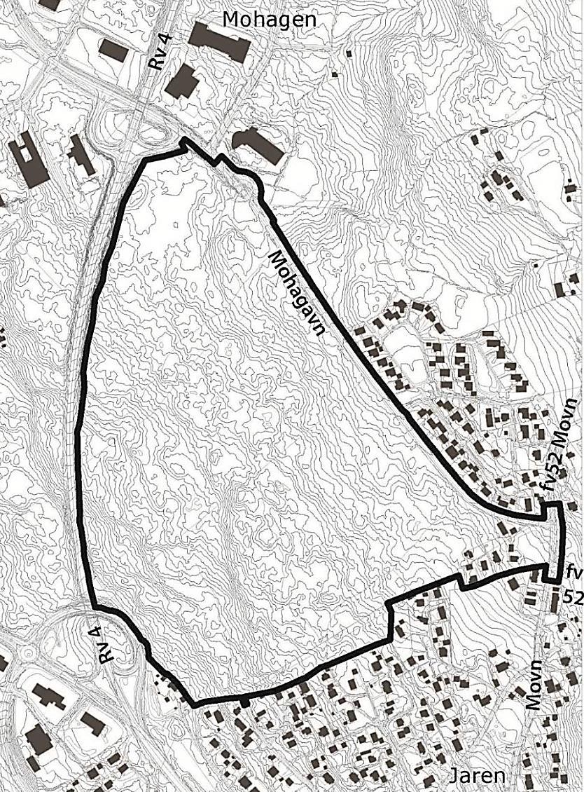 6-(50) OMRÅDEREGULERING MED KONSEKVENSUTREDNING FOR MOHAGAN SØR 2. FORUTSETNINGER FOR TILTAKET 2.1 Tiltakshaver Tiltakshaver er Gran kommune. 2.2 Lokalisering/planavgrensning Planområdet er i dag et skogsområde på ca.
