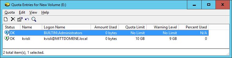 Disk kvoter Disk kvote (Disk Quota) Begrense på hvor mye lagringsplass hver bruker kan benytte på en disk Alle filer og mapper som