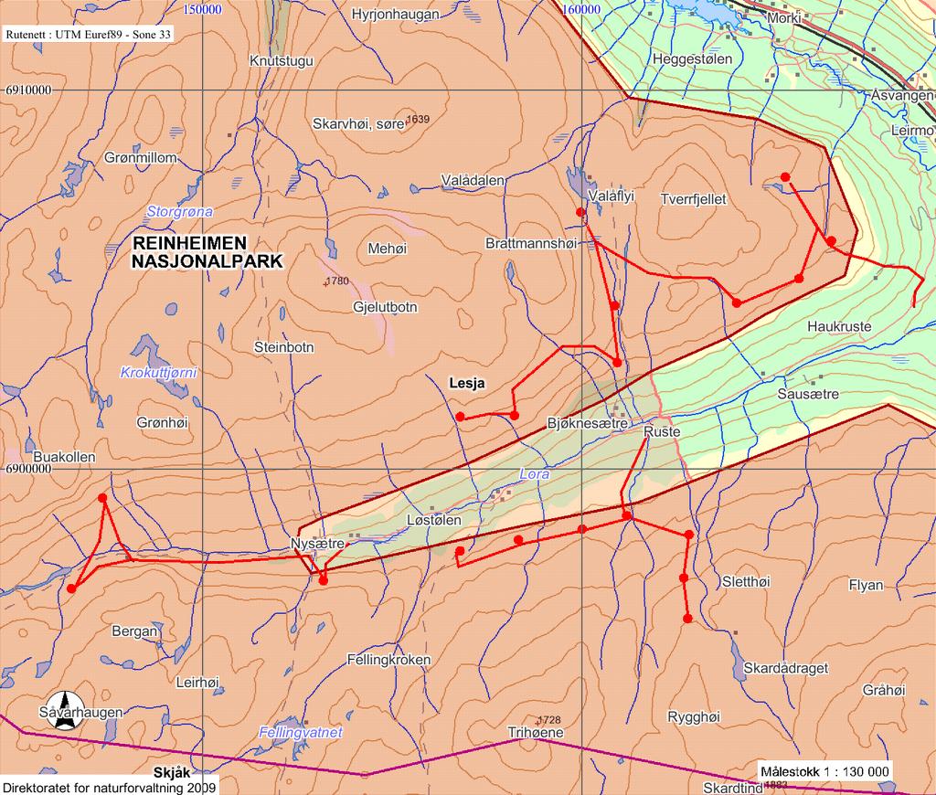 Figur 1. Kart over området med innteikna ruter for transporten. Vurdering Søknaden gjeld bruk av snøskuter i Reinheimen nasjonalpark.