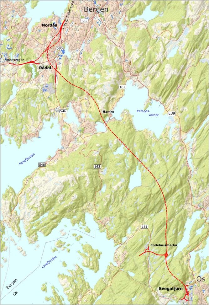 Kort om prosjektet / prosjektfilm Ett av Norges største vegprosjekter. E39: 17 km hovedveg (4 felt) fra Svegatjørn i Os kommune til Fritz C. Riebers veg i Bergen kommune, hvorav 13 km er i tunnel.