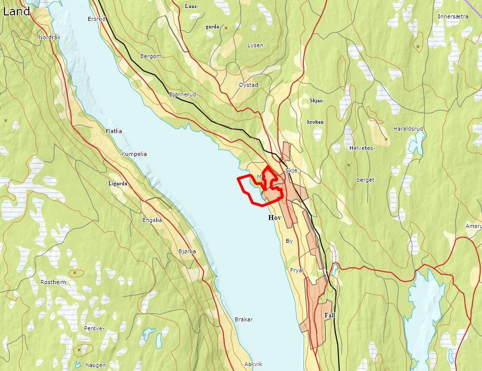 2 DAGENS SITUASJON 2.1 Beliggenhet Planområdet ligger på østsiden av Randsfjorden og ligger i nærheten av Hov sentrum.