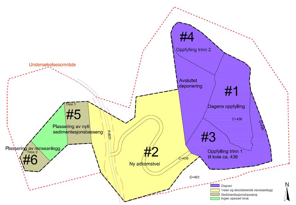 PLANPROGRAM FOR HAUKA GJENVINNINGSANLEGG 7 Arealet vil bli regulert til LNF med ulike bestemmelsesområder som vist med farger i følgende figur: Figur 4: Foreløpig fordeling av bestemmelsessområder