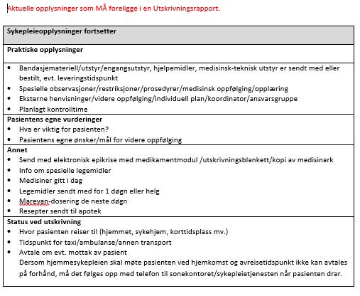 Sjekkliste for helseopplysninger og utskrivningsrapport Annet Send med epikrise/utskrivingsblankett Info om spesielle legemidler Medisiner gitt i dag Legemidler sendt med for 1 døgn eller helg