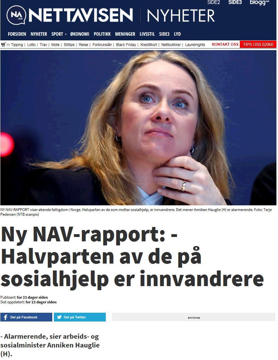 ØKONOMISK SOSIALHJELP En ny NAV-rapport viser at halvparten av de som mottar sosialhjelp i Norge, er innvandrere.