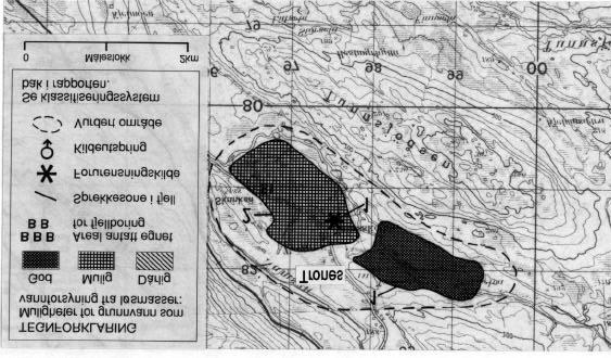 Fig. 1 Utsnitt av kartblad 1824 II Skorovatn (M711) som viser det vurderte området ved Trones. I tillegg til avsetningen hvor eksisterende grunnvannsanlegg ligger er det på fig.