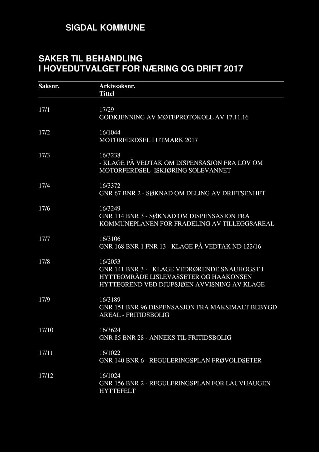 17/6 16/3249 GNR 114 BNR 3 - SØKNAD OM DISPENSASJON FRA KOMMUNEPLANEN FOR FRADELING AV TILLEGGSAREAL 17/7 16/3106 GNR 168 BNR 1 FNR 13 - KLAGE PÅ VEDTAK ND 122/16 17/8 16/2053 GNR 141 BNR 3 - KLAGE