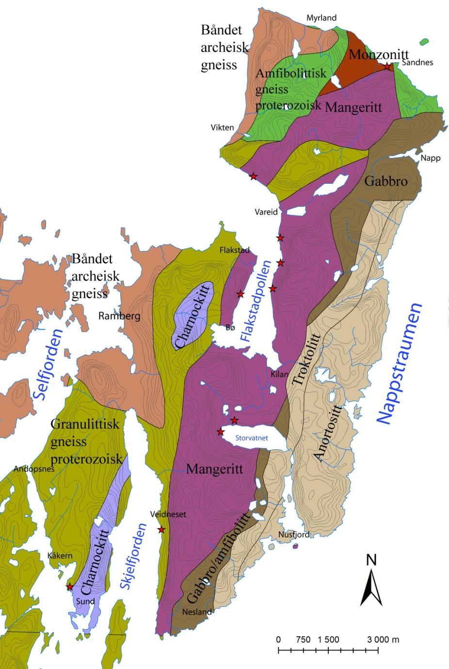Figur 16: Geologien på Flakstadøy. De røde stjernene markerer befarte og interessante lokaliteter. Anortositten langs Nappstraumen er tidligere befart (Lindahl et al.