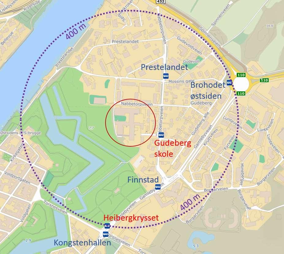 2.5 Kollektivtrafikktilbud Det er tre bussholdeplasser innenfor en 400 m radius fra planområdet (se figur 7) som i dagens situasjon er i bruk, Prestelandet, Brohodet østsiden og Finnstad.