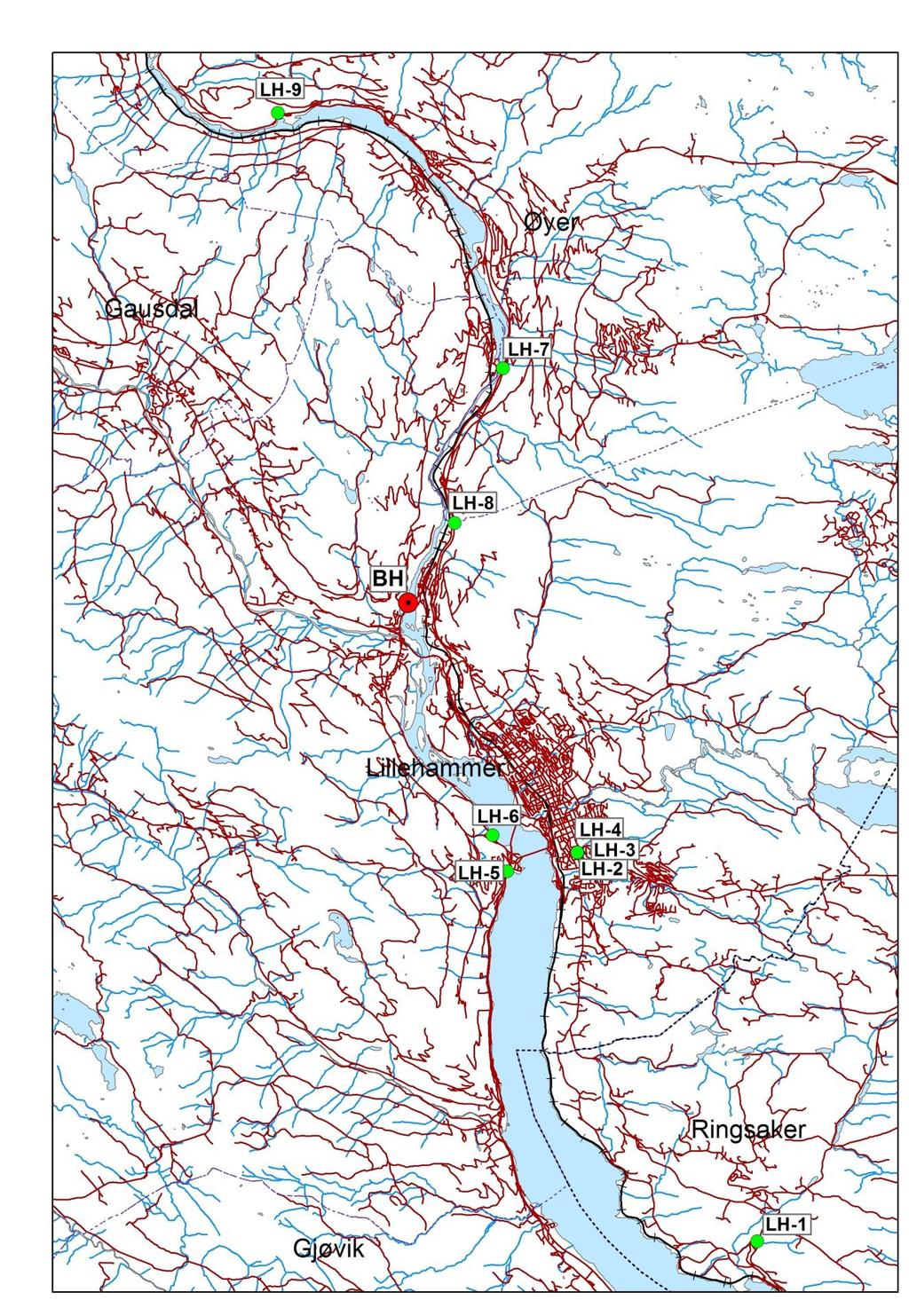 Figur 1. Kart over prøvepunkt i Lillehammerområdet.
