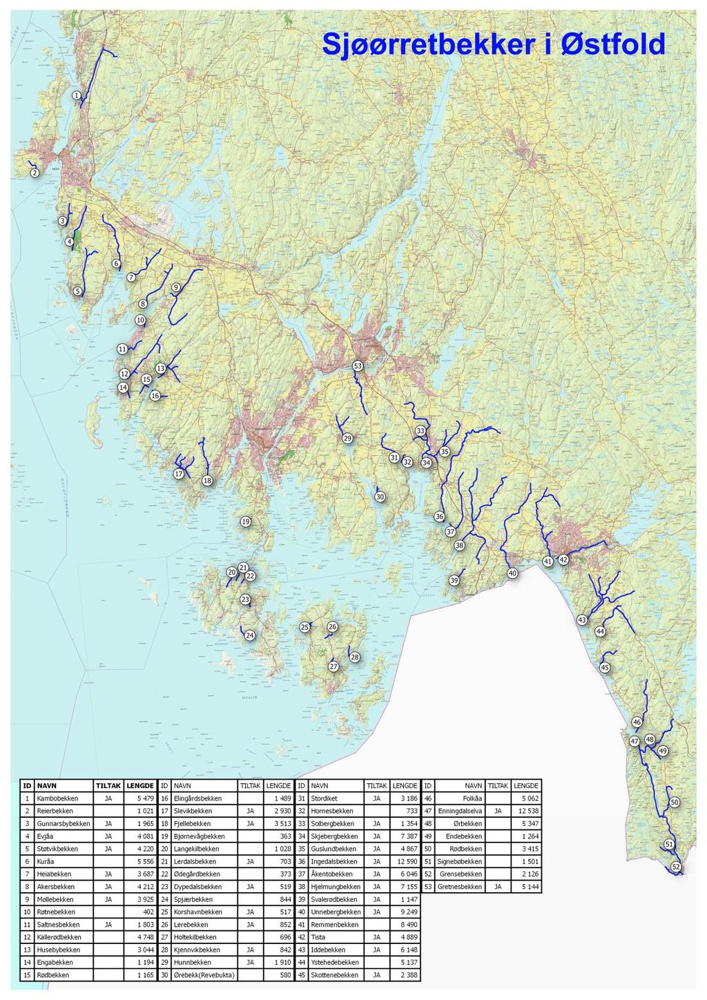 Vedlegg: Kart over vassdrag/bekker med sjøørret i Østfold.