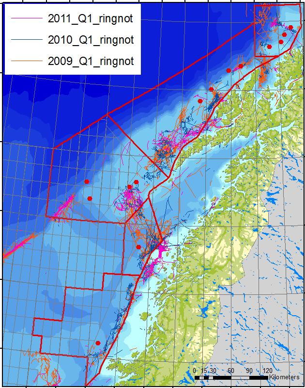 Figur 8 Kvartalsvis fordeling av norsk fiske med pelagiske redskaper (ringnot og pelagisk trål) i det nordøstlige Norskehavet i årene 2009-2011. Øverst: 1. kvartal til venstre og 2. kvartal til høyre.