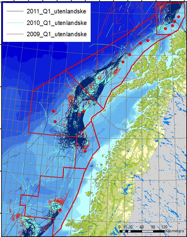 Figur 10 Kvartalsvis fordeling av utenlandsk fiske i det nordøstlige Norskehavet i årene 2009-2011. Øverst: 1. kvartal til venstre og 2. kvartal til høyre. Nederst: 3. kvartal til venstre og 4.