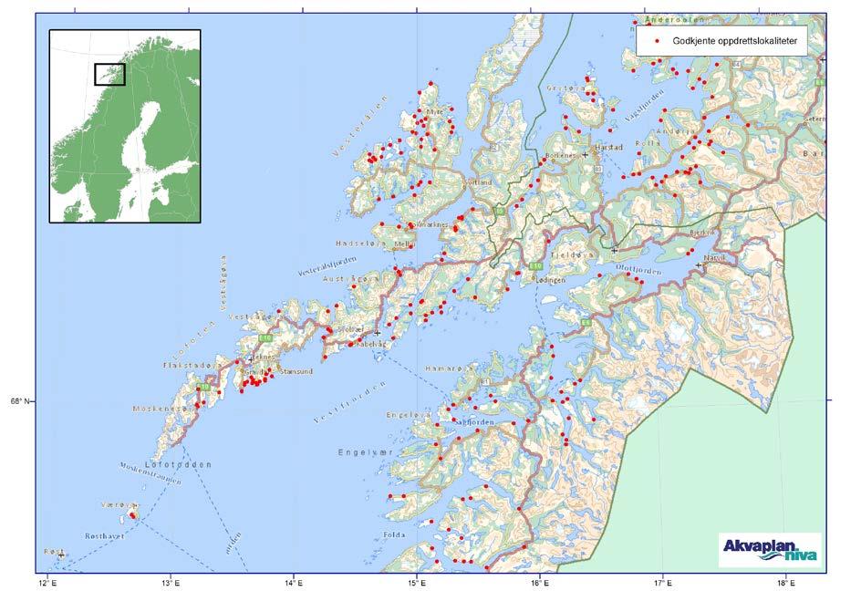 Figur 19 Lokalisering av godkjente oppdrettslokaliteter