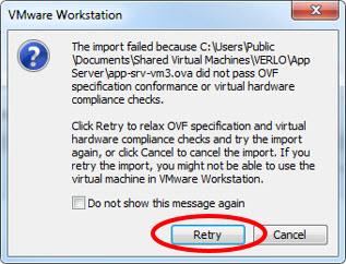 Denne filen ber VMware om å åpne via et Import Virtual Machine-hurtigvindu. Dette filnavnet kan endres basert på versjon og type.