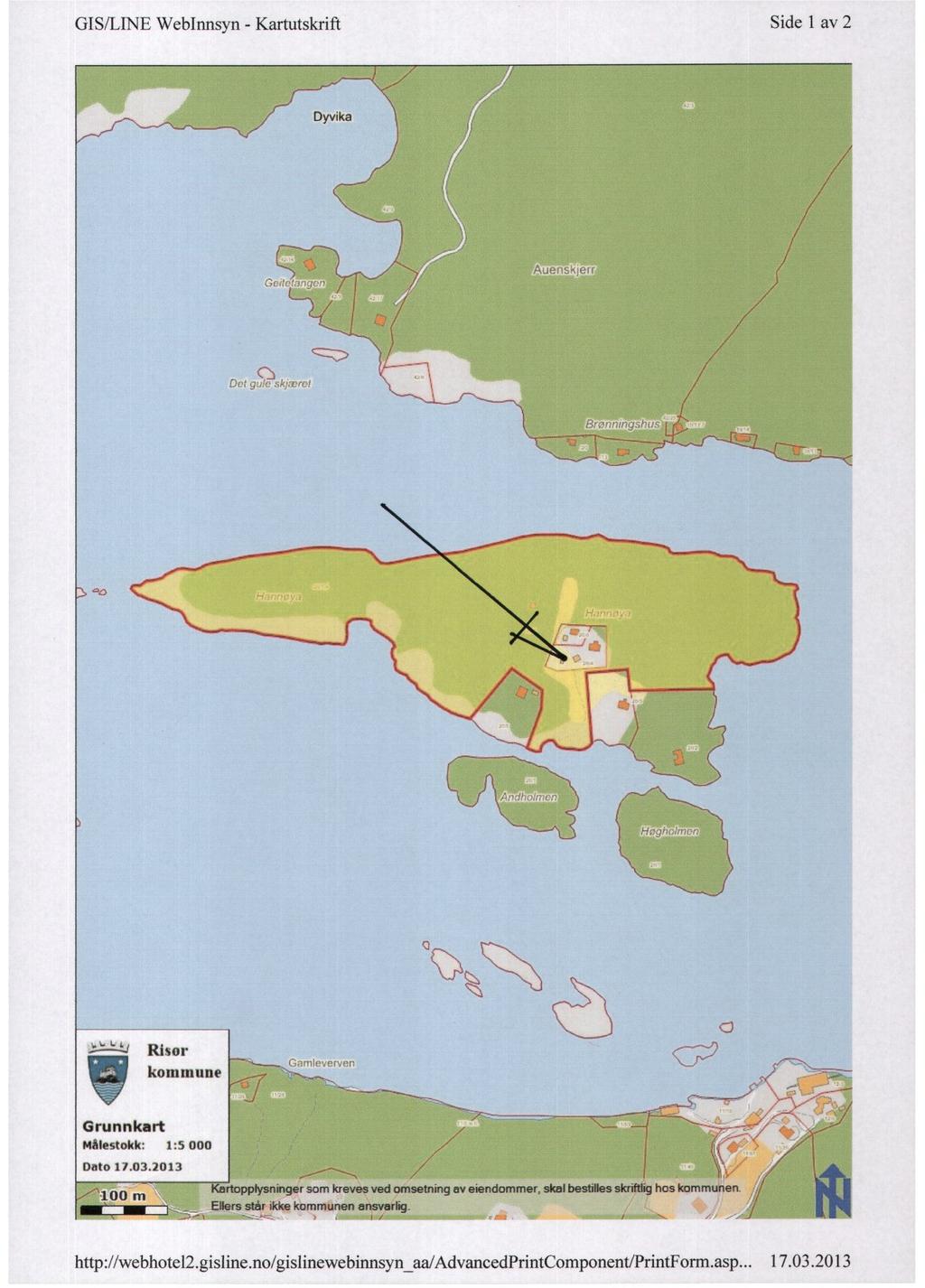 GIS/LINE WebInnsyn - Kartutskrift Side 1 av 2 Risor kommune C;;Imleverven (:) Grunnkart MMestokk: 1:5 000 Dato 17.03.