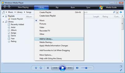Angi mapper for deling I Windows Media Player velger du Library (Bibliotek) fra menyen og velger Add to Library (Legg til i bibliotek).