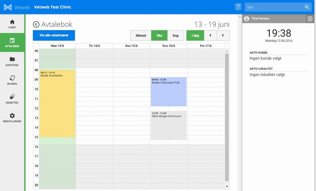 7. Avtalebok Avtaleboken i Vetweb er en enkel kalender som kan brukes til å registrere planlagte oppdrag, lokalitetsbesøk, osv. Den fungerer som en typisk kalender som f.eks Outlook eller Gmail.