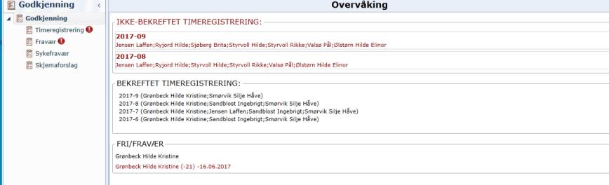 1. Godkjenne søknad om ferie og permisjon Programmet trenger at alt fravær (permisjoner, ferie osv.) blir lagt inn for å ha riktig timetelling. Trykk på knappen Godkjenning i venstre meny-side.