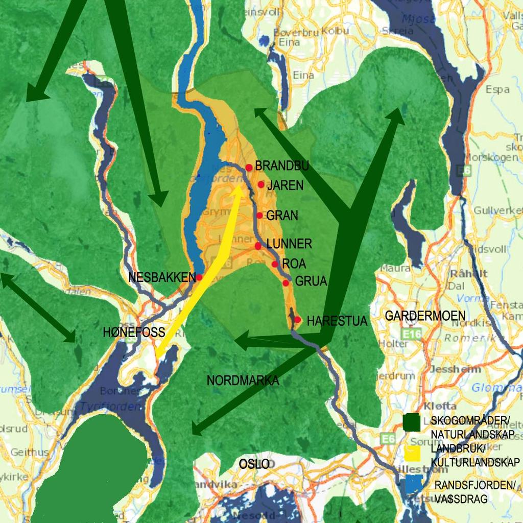 Figuren viser viktige skogsområder og naturlandskap (grønn) viktige jordbruksområder og kulturlandskap (gul) og viktige vann og vassdrag (blå), samt senterstruktur (rød).