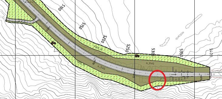 Figur 11: Utsnitt av teknisk plan med gjeldende plankart i bakgrunnen. Figur 12: Utsnitt nytt plankart hvor formålet Annen veggrunn er utvidet ca 2 m. 3.