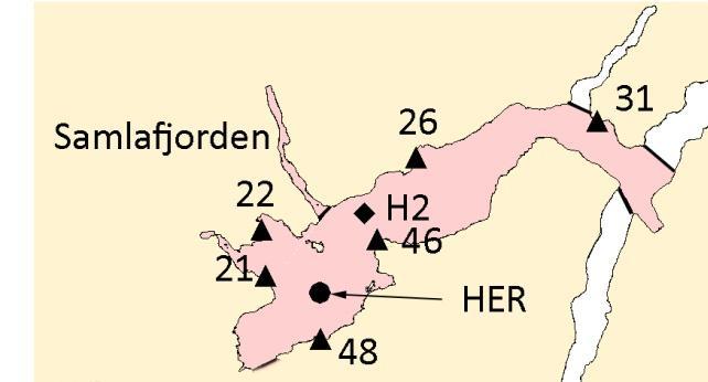 Location Water body H2-2 Samlafjorden Summer Unit Thresholds High status Mean value Status Meget God God Moderat Dårlig Meget Dårlig Chlorophyll-a µg/l <2 1,03 High Nitrate μmol/l <0,85 0,33 High