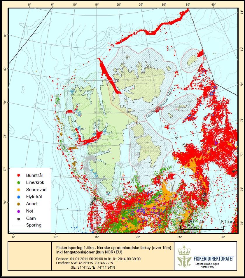 Fisket ved Svalbard i dag og videre frem i tid. Kartet under viser sattelittsporing og elektronisk fangstdagbokdata fra fiskefartøy i områdene rundt Svalbard de siste 3 årene.