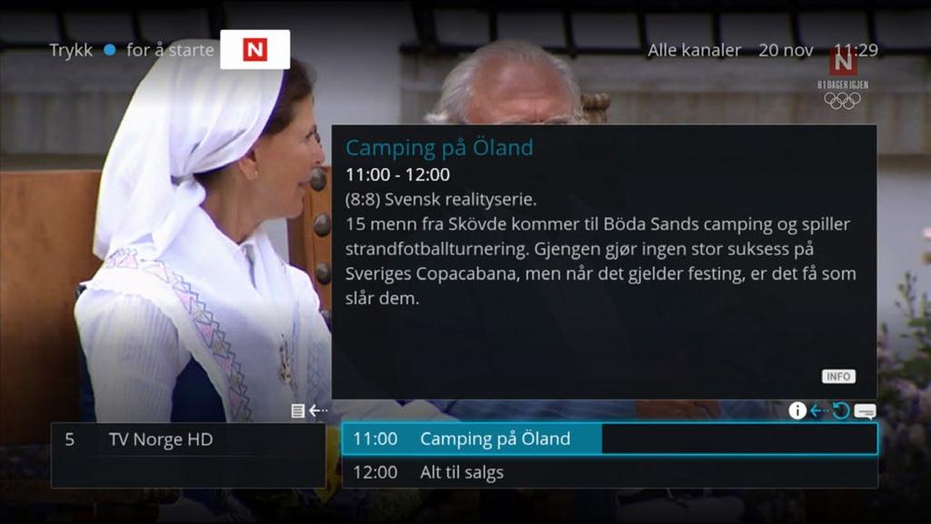 Valgmenyen viser hvilke muligheter du har når et program, kanal eller opptak er markert, og når du trykker på [OK] kommer den opp som en mørkegrå boks.