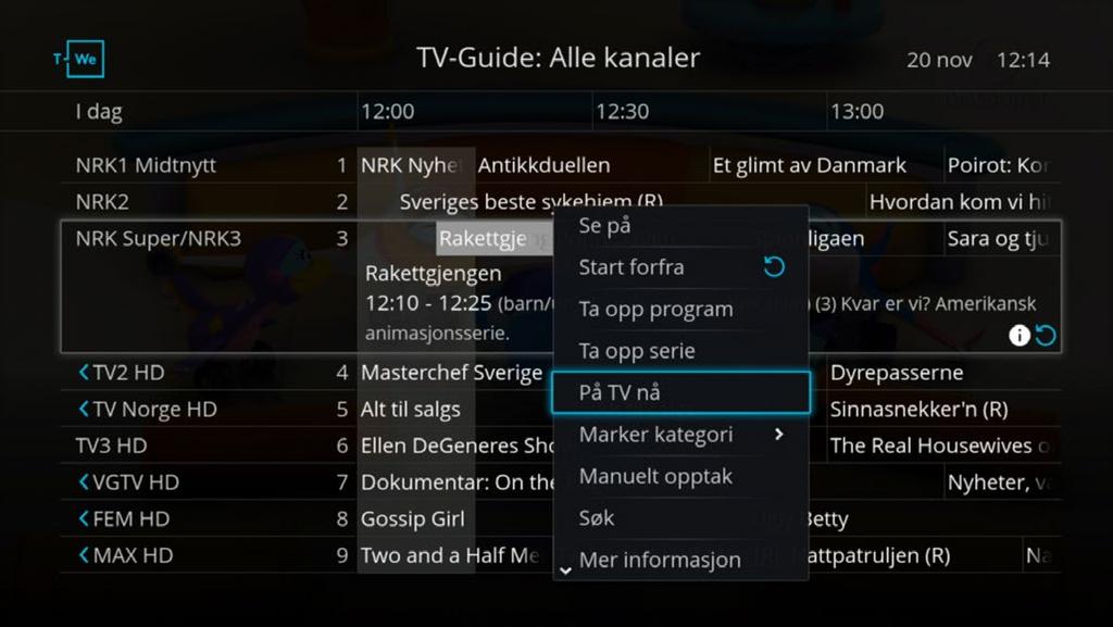 Når du åpner TV-guiden kommer du inn i kategorivisningen, som lar deg velge kanaler basert på hvilken programkategori du ønsker å se på. Velger du Alle kanaler kommer du til komplett kanalliste.