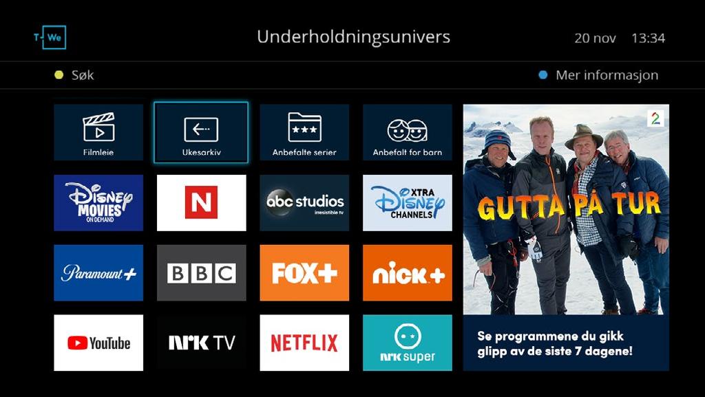 Filmleie Ukesarkiv Ved å trykke [MENU] på fjernkontrollen, velge T-We-ikonet og velge ikonet Filmleie fra innholdsmenyen, får du tilgang til kinosuksesser for både barn og voksne som du kan leie med