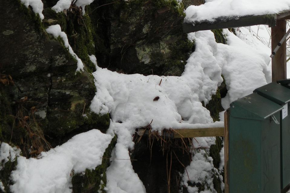 Figur 5: Labilt parti bak postkassestativet. I tillegg representerer rennende vann på eiendommen i Kirkeveien 6 risiko for frostsprengning som kan gi nedfall i form av steinsprang.