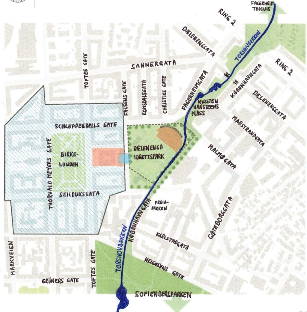 6 Illustrasjonen under viser aktuell gjenåpningstrasé fra Fagerheim tennis ned til Kirsten Hansteens plass og en mulig trasé videre ned til Sofienbergparken.