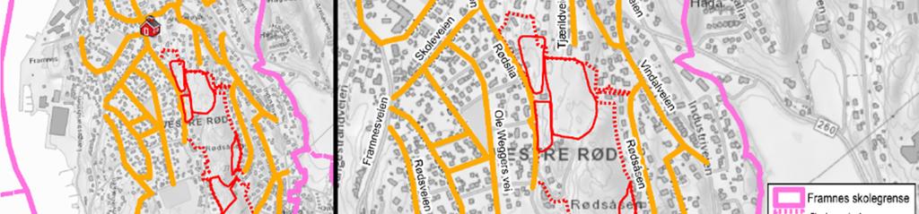 I boliggatene og de øvrige veier rundt Rødsåsen er det ikke anlagt fortau, men fartsgrensen er skiltet til 30 km/t og det er anlagt fartsdempere mange steder.