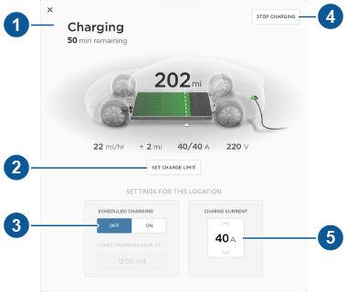 Ladeinstruksjoner Hvis du ønsker å se ladeinnstillingene hele tiden, berører du batterisymbolet øverst på berøringsskjermen eller Controls > Charging (øverst til høyre på «Controls»-skjermbildet).