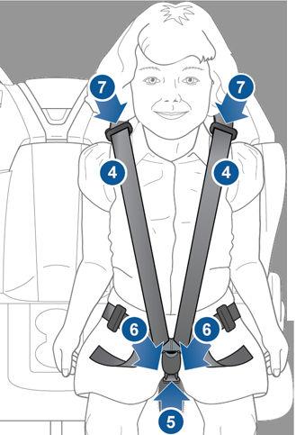 Teslas innebygde bakovervendte barneseter 4. Juster skulderbeltene slik at de går over toppen av barnets skuldre og bort fra ansiktet. 5.