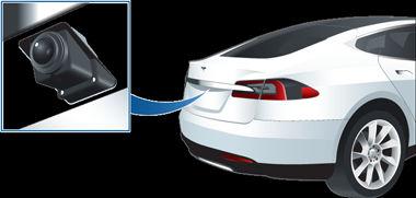 Ryggekamera Kameraplassering Model S har et ryggekamera plassert over nummerskiltet bak. Når du setter giret i Reverse, viser berøringsskjermen bildet fra kameraet.