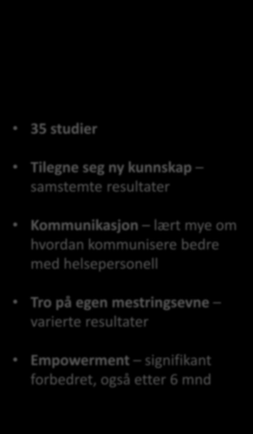 Mestring hvordan leve med egne helseutfordringer 35 studier Tilegne seg ny kunnskap samstemte resultater Kommunikasjon lært mye om hvordan kommunisere bedre med helsepersonell Tro på egen