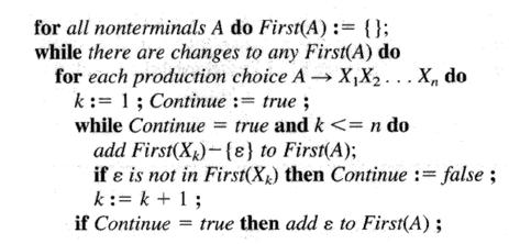 First-mengder Def.: { terminal First (A) = { a finnes avledning A * a α } Dessuten: Om A er utnullbar, så er ε First(A) Pr. def. For terminal-symboler: First(a) = { a } Def.