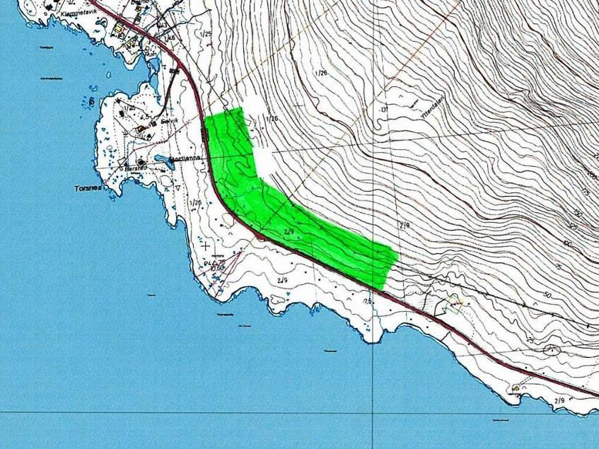 Dalan-Torsvåg 2/9 Kode SF7 Formål: Spredt fritidsbebyggelse Nye bygg: Maksimalt 5 tomter Flatemål: 53 da Område nordvest på Vannøya, 2,5 kilometer nordvest for Vannareid.