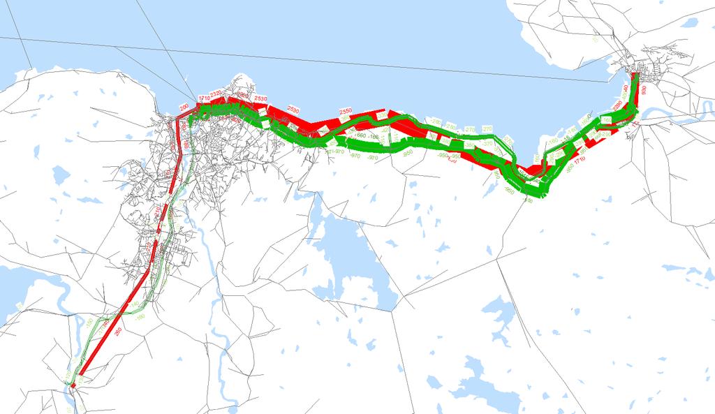 19 av 28 Grønt = Reduksjon i bussreiser Rødt = Økning i togreiser Figur 4: Endring i kollektivreiser per dag i Alternativ A, 2029.