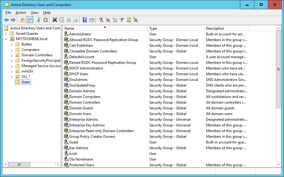 Administrasjonsverktøy (demo) Active Directory Users and Computers For å administrere domener Domenebrukere Domenegrupper Datamaskiner / domenekontrollere OU er m.m. Egenskaper Kan brukes fra alle datamaskiner i domenet» eller via terminaltjener / remote desktop Må kjøres som bruker med administrative rettigheter i domenet» Medlem av gruppen Domain Admins.