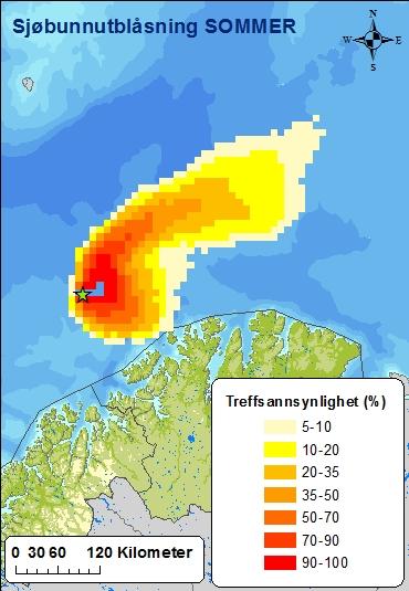 Figur 2-4 Sannsynligheten for treff av over 1 tonn olje i 10 x 10 km sjøruter gitt en sjøbunnsutblåsning fra letebrønn 7120/6-3 Juksa i hver sesong.